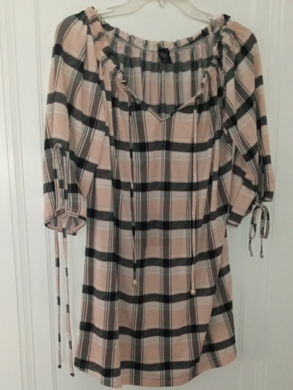 pink Plaid on/Off-Shoulder Top, XL, tie sleeves